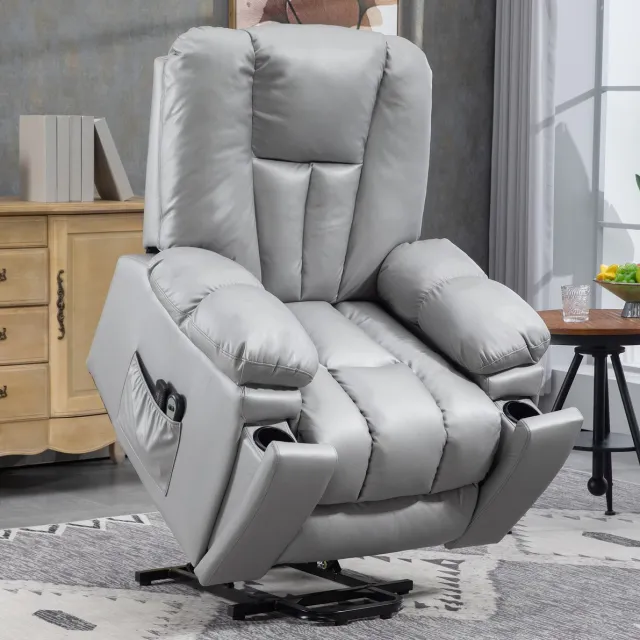REDOM Elektrische relaxfauteuil met opsta functie en massagefunctie - Verstelbare rugleuning en voetensteun - Met armleuningen en bekerhouders - Metaal - Donkergrijs - 94 x 96 x 106 cm