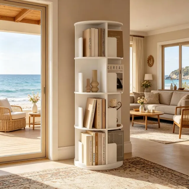 REDOM Boekenkast - 360° draaibaar - Open kast met 4 niveaus en 16 vakken - E1 houtlook - Scandinavische stijl - Woonkamer, slaapkamer en werkkamer - Wit - 44 x 44 x 126 cm
