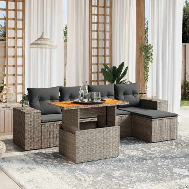 vidaXL 6-delige Loungeset met kussens poly rattan grijs, foto 2
