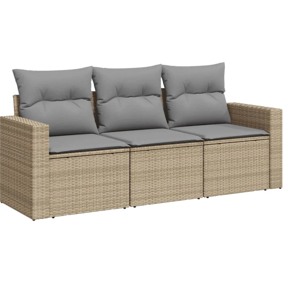 vidaXL 3-delige Loungeset met kussens poly rattan beige, foto 3