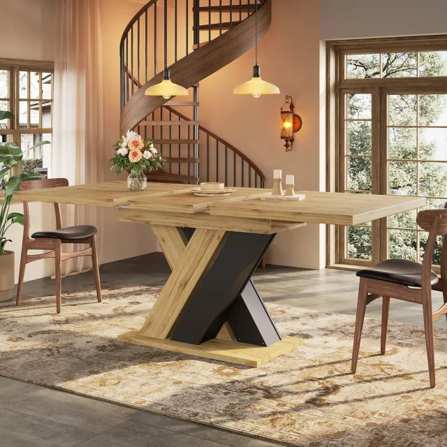 HAUSS SPOLE Eettafel - Uitschuifbare Teleskoptafel Met Ingebouwd Opbergvak En X-Vormige Poten - Voor Keuken En Woonkamer - MDF - 119-158,5x80x75 cm - Zwart Natuurlijk