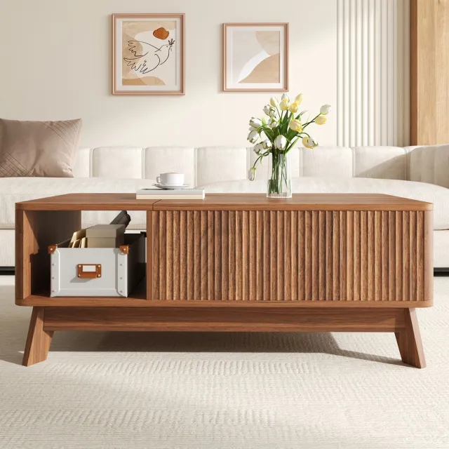 REDOM Salontafel - Hefbare tafelplaat - Verborgen opbergruimte en open zijvak - Moderne stijl - Woonkamer - MDF - Walnoot - 95 x 48 x 50 cm