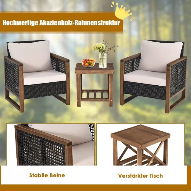 Laura Tuin Loungeset 3-delig 66 x 70 x 78 cm – PE Rotan Bistro Set met Acaciahouten Tafel, 2 Stoelen met Dikke Kussens – Weerbestendig, Ergonomisch en Duurzaam – Laura Roodbruin