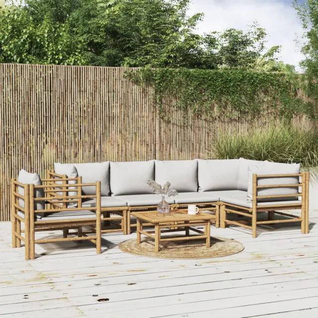 vidaXL 7-delige Loungeset met lichtgrijze kussens bamboe bruin, foto 2