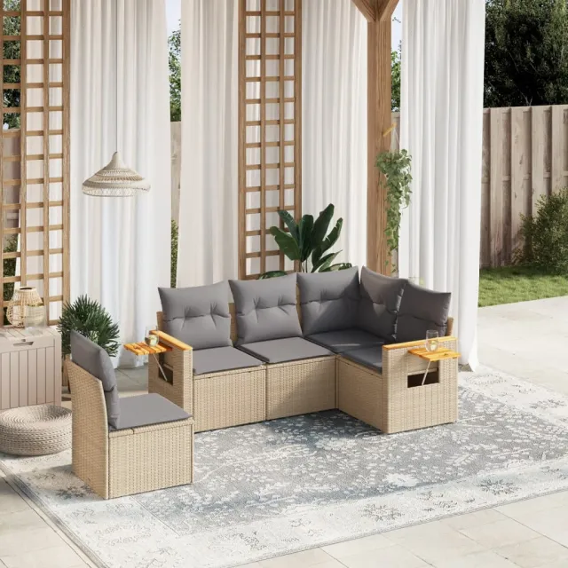 vidaXL 5-delige Loungeset met kussens poly rattan beige, foto 2