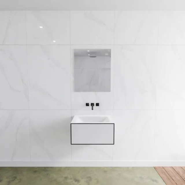 Mondiaz Badkamermeubelset Mondiaz LAGOM 60 cm met Gecentreerde Wastafel Solid Surface Zonder Kraangaten Mat Wit (1 lade)