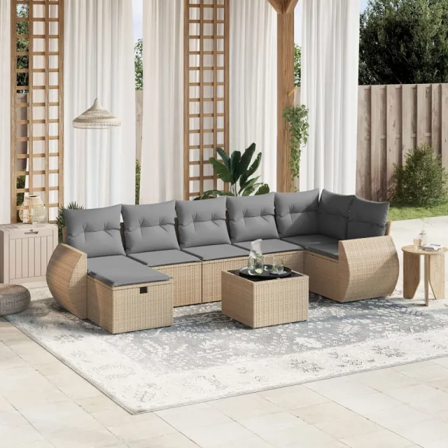 vidaXL 8-delige Loungeset met kussens poly rattan gemengd beige, foto 2