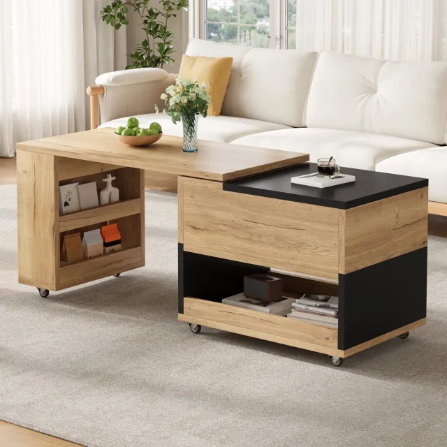 VVBV Salontafel 161.5x46x67 cm – Opbergruimte en Legplanken – Inklapbaar en Met Opbergruimte – Modern Design – Houtlook – Natuurlijk Hout + Zwart Naturel