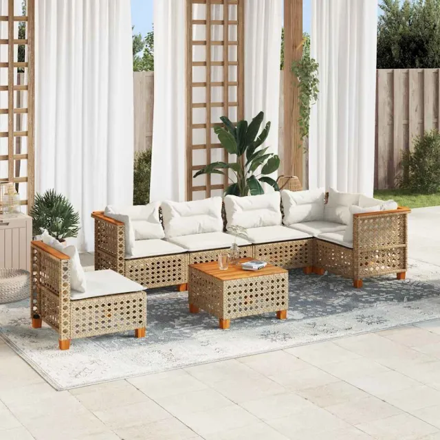 vidaXL 7-delige Loungeset met kussens poly rattan beige, foto 2
