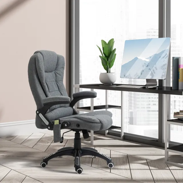 MUVANO Bureaustoel met massage en verwarming - Linnenlook - Verstelbare rugleuning - 68 x 72 x 110-120 cm - In hoogte verstelbaar - Voor thuiskantoor - Grijs