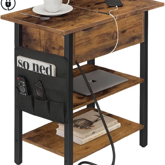 IN-HOMEXL Bijzettafel met Stopcontact en USB - Nachtkastje met Oplaadstation - Industrieel Hout - Bruin Zwart