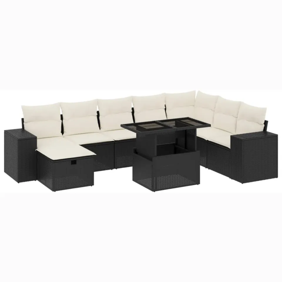 vidaXL 9-delige Loungeset met kussens poly rattan zwart, foto 3
