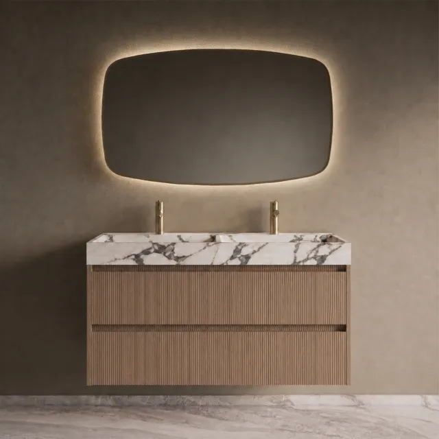 Boss & Wessing BWS Riga Badmeubelset Met Wastafel 120 cm Donker EIken Japandi - Calacatta Viola Bruin