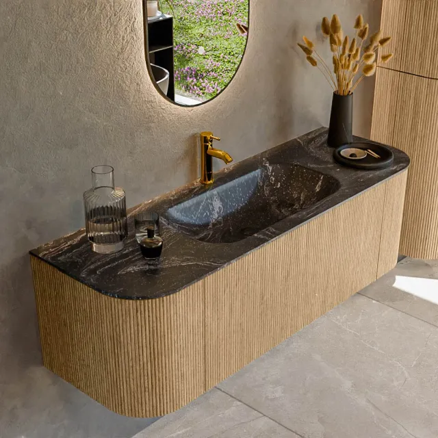 Mondiaz KURVE-DLUX 140 cm Onderkast Greeploos 1 Lade Met Deuren Oak, Wastafel Solid Surface Midden Lava 1 Kraangat Zonder Spiegel (KRVBGS140L+R1L2D1KM-Oak/Lav)