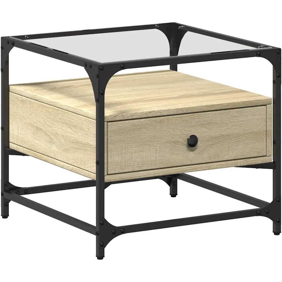 vidaXL Salontafel met glazen blad 50x50x45 cm sonoma eiken staal, foto 3