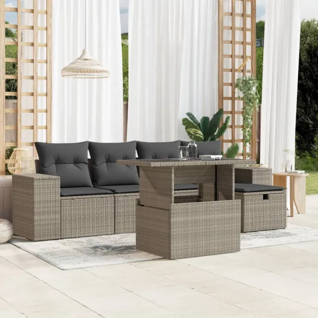 vidaXL 6-delige Loungeset met kussens poly rattan lichtgrijs grijs, foto 2