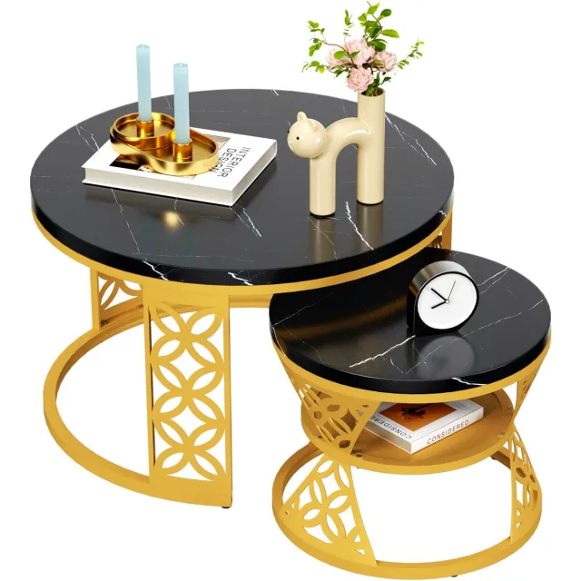 WUVRIE Salontafelset van 2 met zwart marmerpatroon en gouden metalen frame Zwart++Goud