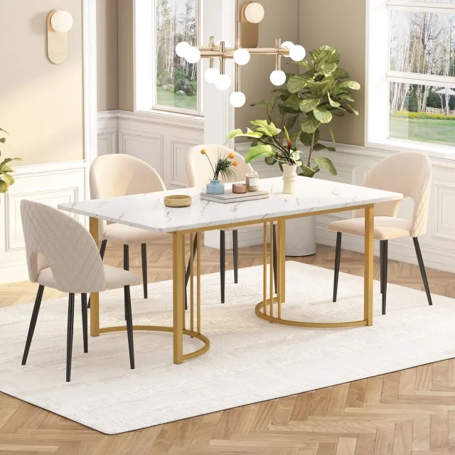 COVREO Eettafel 140 x 80 x 75 cm – wit MDF met marmerlook fineer, gouden metalen frame, verstelbare voetjes