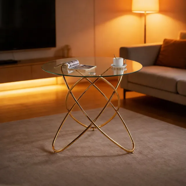 DESMIU Eettafel - Elegant Glas Met Gouden Metalen Poten - Voor Woonkamer En Keuken - Glas En Metaal - Goud - Ruimtebesparend