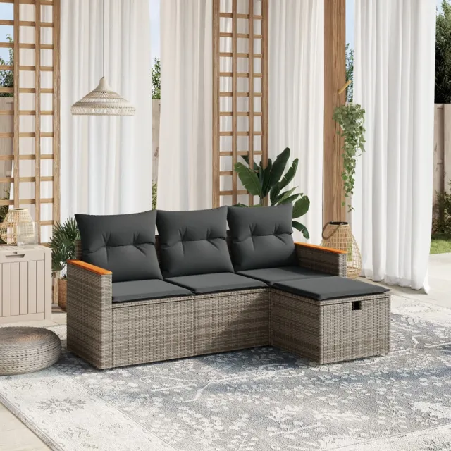 vidaXL 4-delige Loungeset met kussens poly rattan grijs, foto 2