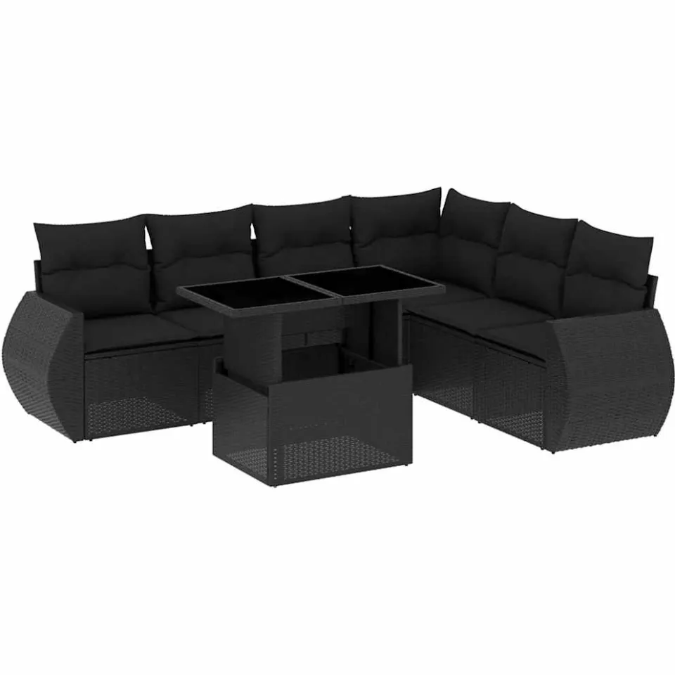 vidaXL 7-delige Loungeset met kussens poly rattan zwart, foto 3