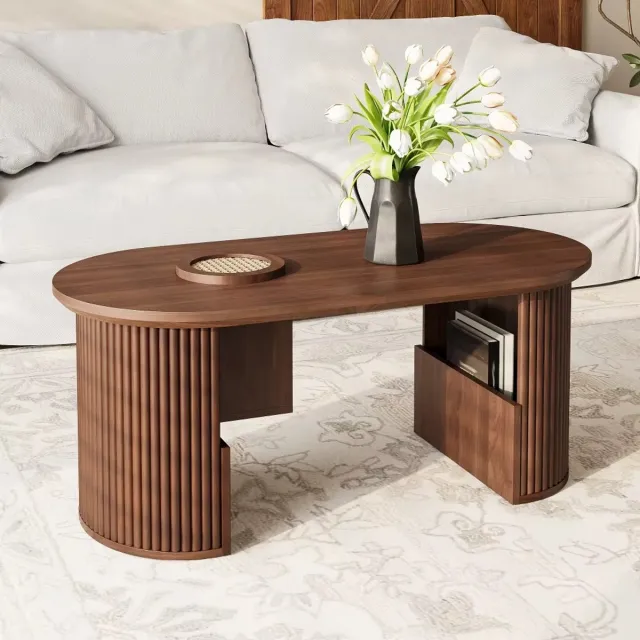 CreateEcom Salontafel - Bijzettafel - Woonkamer tafel - met verborgen opbergruimte - salontafel met verticale textuur - 105 x 50 x 46,5 cm - walnootkleur bruin