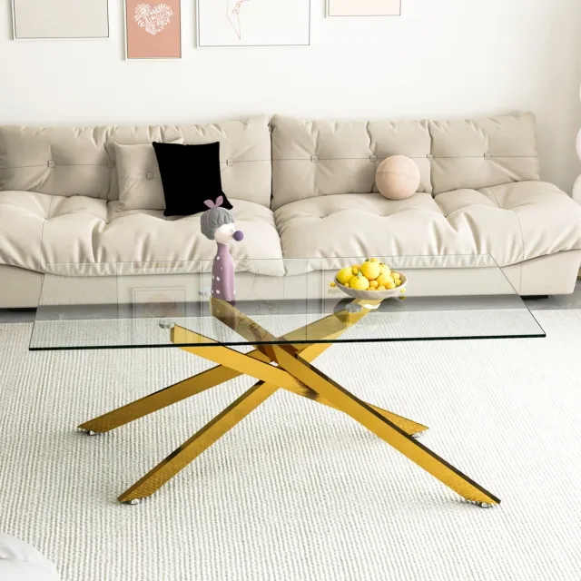 Wishdor Salontafel - Gehard glas en goudkleurig metaal - Rechthoekig X-poot onderstel - Modern - Woonkamer ontvangstkamer - Glas metaal - Gold - 120 x 60 x 46 cm
