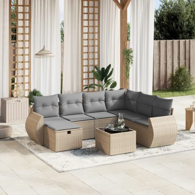 vidaXL 8-delige Loungeset met kussens poly rattan gemengd beige, foto 2