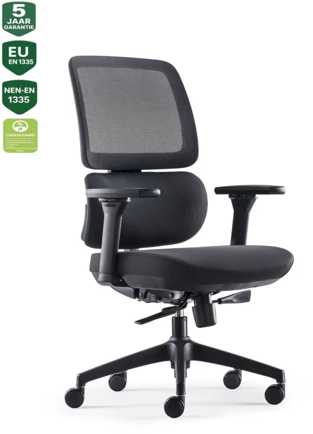 Bens 839-Ergo-4 - Ergonomische Bureaustoel - Bureaustoel volwassenen - Kantoorstoel - Mesh rug - Stoffen Zitting - GREENGUARD GOLD - NEN-EN1335 & ARBO normen Diep Grijs