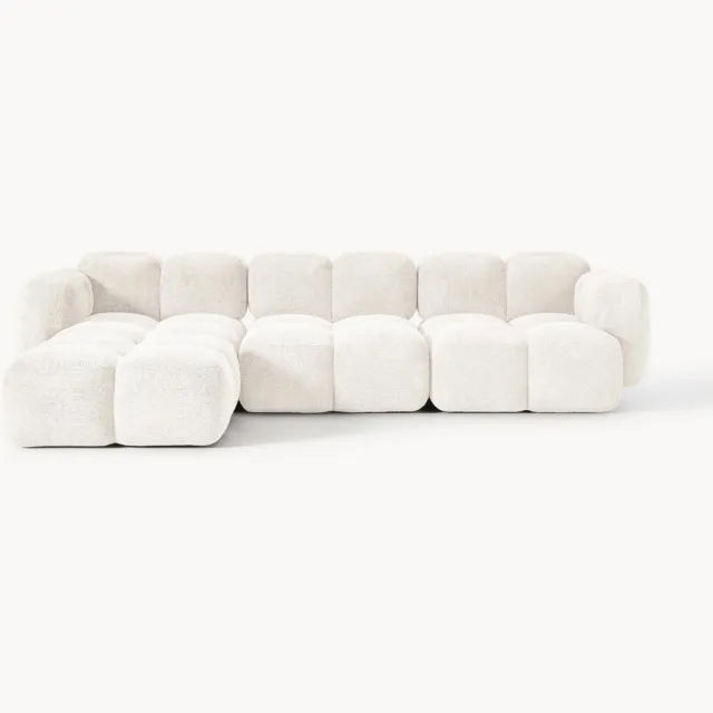 Westwing Collection Modulaire bank Tayla (4-zits) van teddy bouclé met poef (links/rechts) Wit