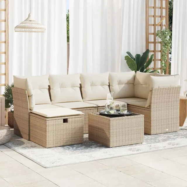 vidaXL 7-delige Loungeset met kussens poly rattan beige, foto 2