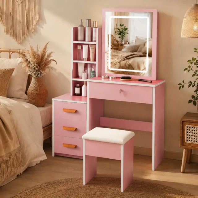 Wishdor Kaptafel met spiegel en gestoffeerde kruk - LED-verlichting met 3 lichtstanden en verstelbare helderheid - 4 lades en opbergruimte - Retro stijl - MDF - Roze - 36 x 85 x 130 cm
