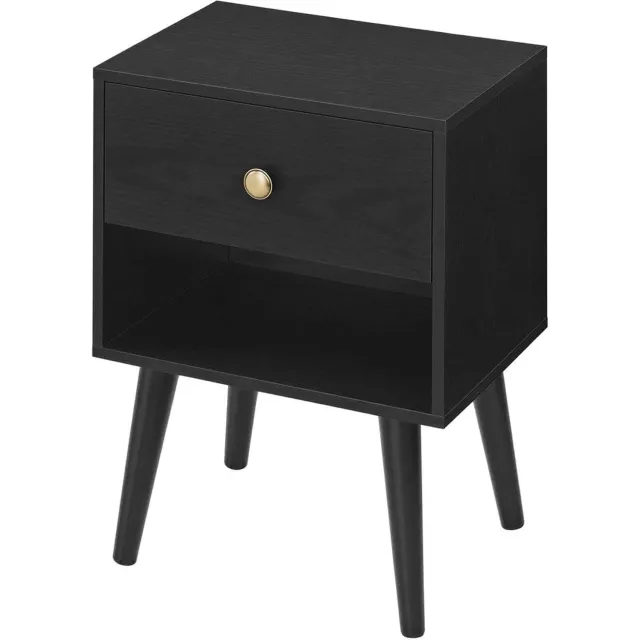 Klarven Nachtkastje Zwart - Nachtkastje Houten Poten - Nightstand - Met Lade en Open Opbergvak - Scandinavisch Design - 39x28x55 cm