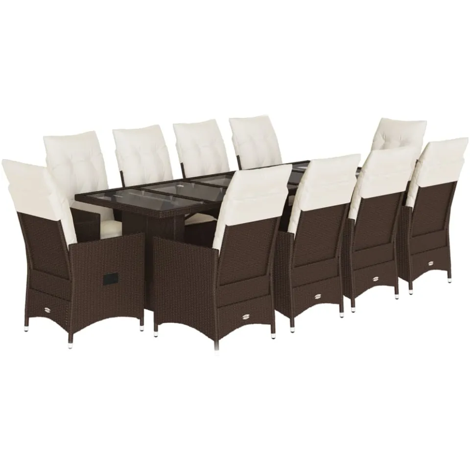 vidaXL 11-delige Bistroset met kussens poly rattan bruin