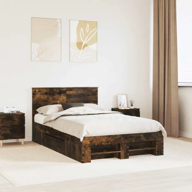 vidaXL Bedframe met hoofdeinde Gerookt eiken 120 x 200 cm Bewerkt hout Bruin
