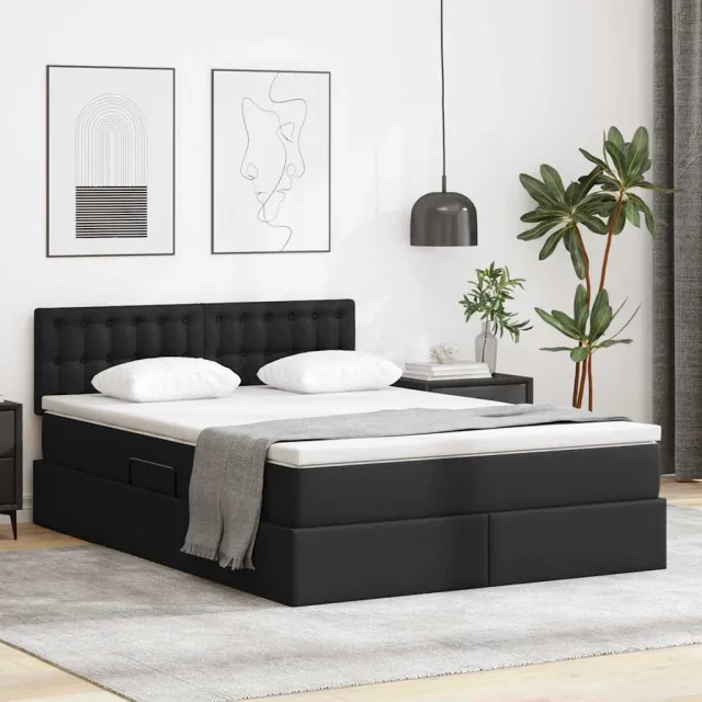 vidaXL Opbergbed met LED met matras Zwart 140 x 190 cm Nep Leer