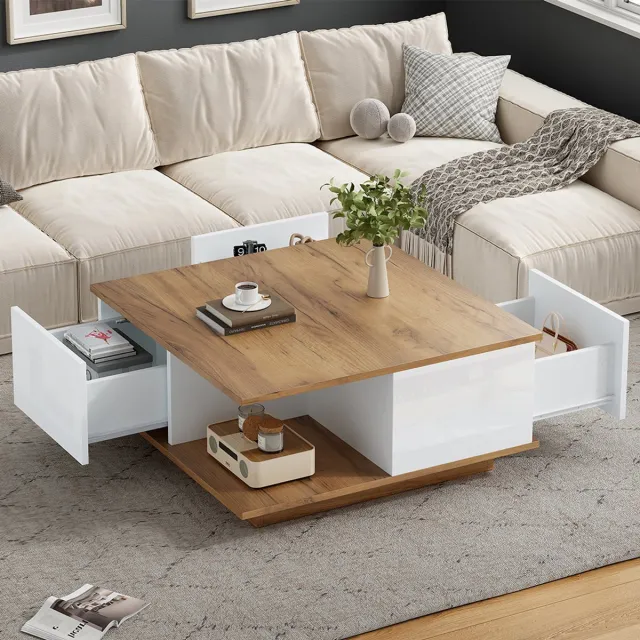 KOMHTOM BLACKCOLORS Salontafel 70 x 70 x 31,5 cm met 3 lades, geometrische salontafel, glanzende salontafel, bijzettafel, geschikt voor kleine ruimtes, wit + originele houtkleur Wit + Notenhout