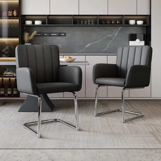 Wishdor Eetkamerstoelen Set Van 2 - Gestoffeerde Stoelen Met Verticale Stiksels - Zwarte Kunstleren Bekleding En Metalen Poten