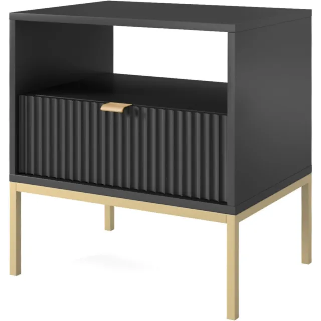 Selsey Vellore - Nachtkastje 54 cm - zwart met geribbelde front en gouden frame