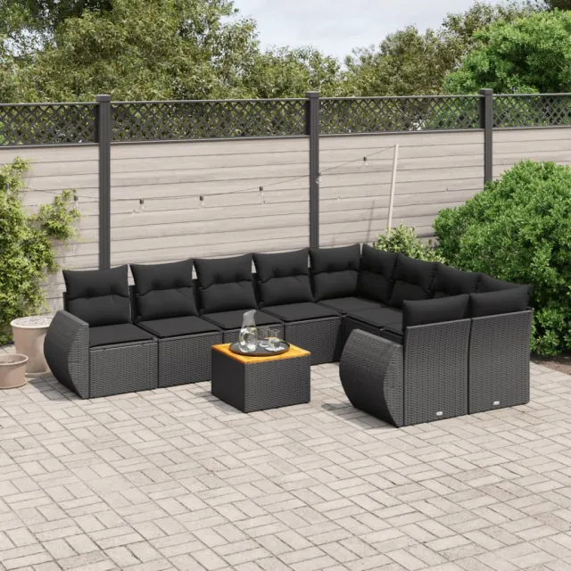vidaXL 10-delige Loungeset met kussens poly rattan zwart, foto 2