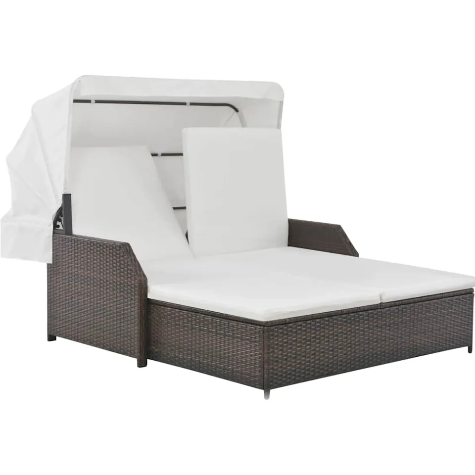 vidaXL Ligbed 2-persoons met luifel poly rattan bruin