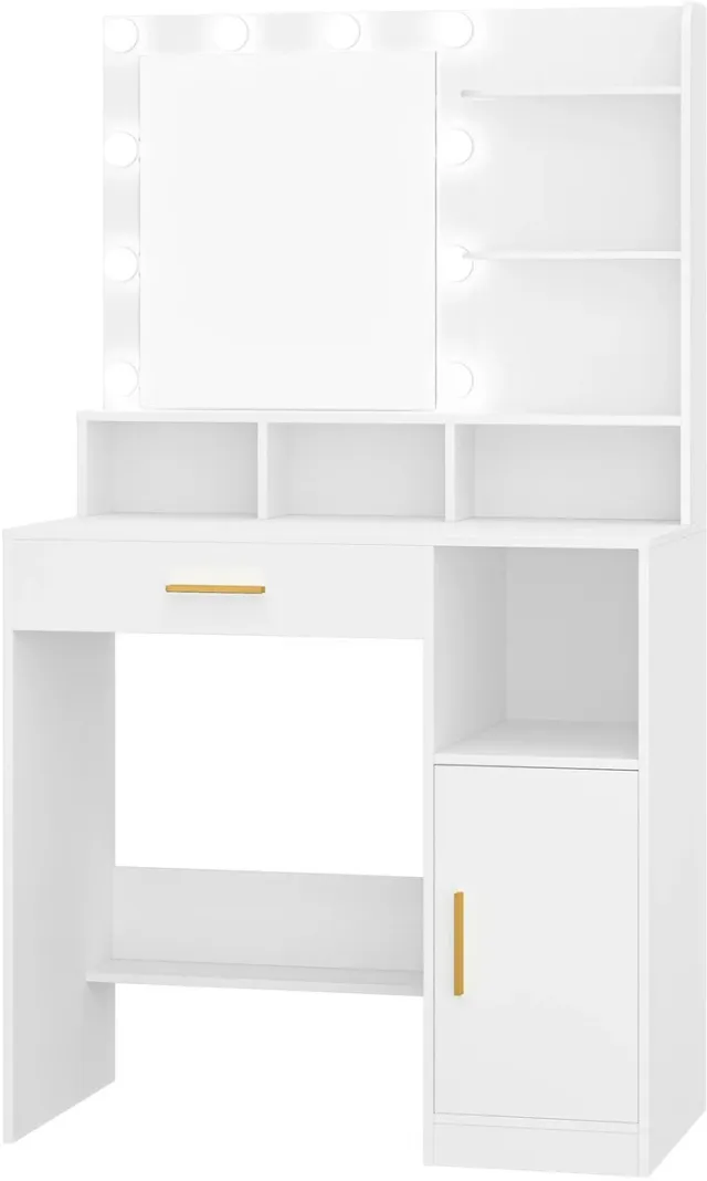 Veya Kaptafel Wit - Kaptafel met spiegel en verlichting - Make-up tafel - 10 LED-lampen - 1 lade - 4 opbergvakken - 3 planken