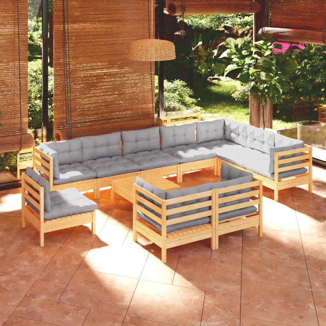 vidaXL 11-delige Loungeset met grijze kussens massief grenenhout grijs, foto 2