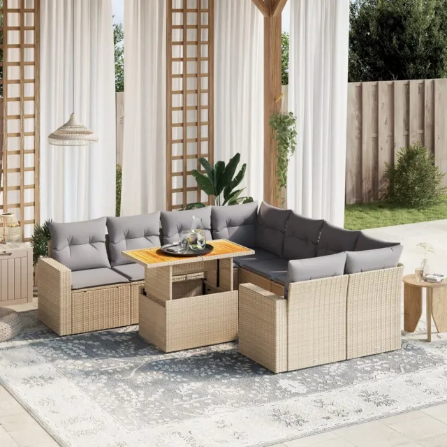 vidaXL 9-delige Loungeset met kussens poly rattan beige, foto 2