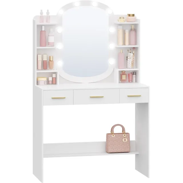 HILINSIE Kaptafel met Ovale Spiegel, Kaptafel met 10 LED-lampjes, LED-verlichting met Instelbare Helderheid, Make-up Bureau, 3 Laden en 6 Open Planken, 40 × 90 × 144 cm Wit