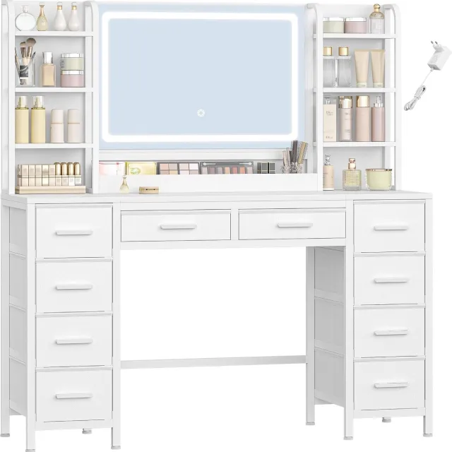 HILINSIE Kaptafel - Make up Tafel - Kaptafel met Spiegel en Verlichting - 134,5 cm - Wit - 10 Lades - 8 Open Schappen - Opbergruimte voor de Spiegel - 40 x 134,5 x 142,3 cm