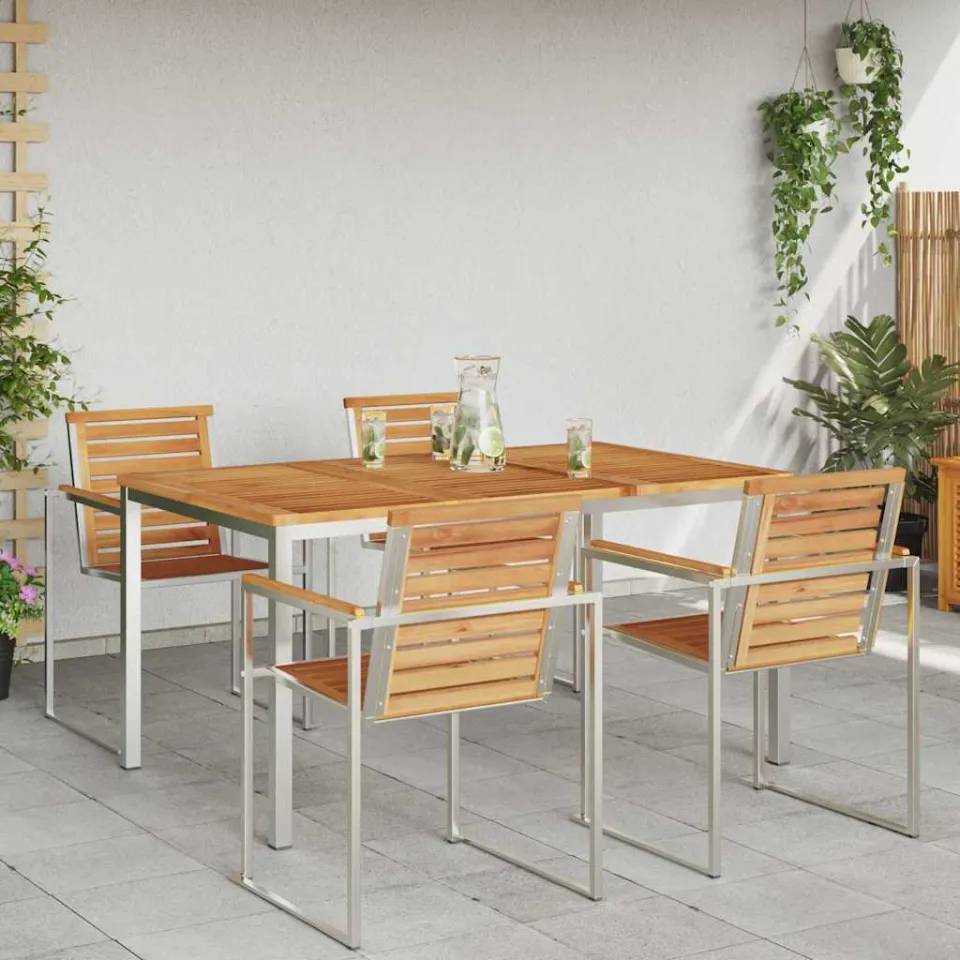 vidaXL Eettafel 150x90x75 cm Massief Teakhout en RVS, foto 4