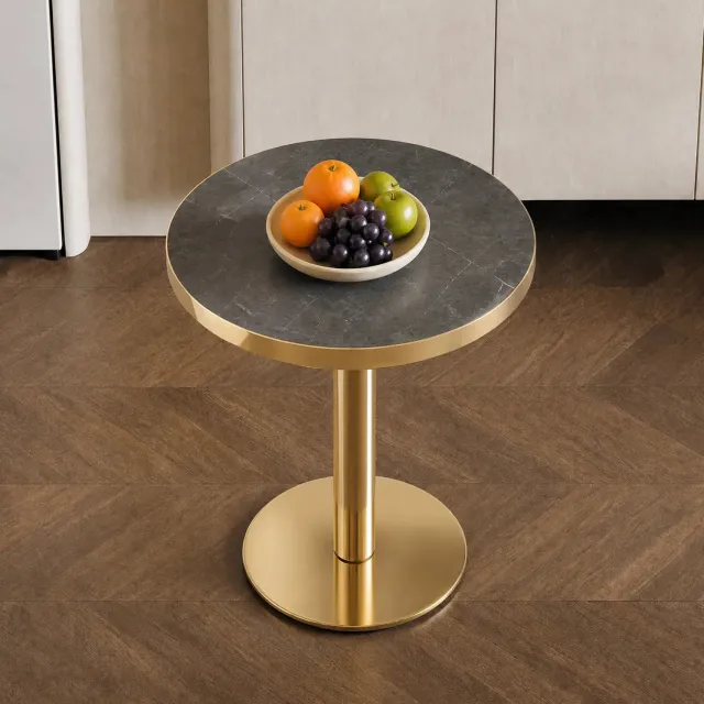WUVRIE Ronde bijzettafel Ø 60 cm - Marmerlook MDF-blad en RVS voet - Grijs/goud