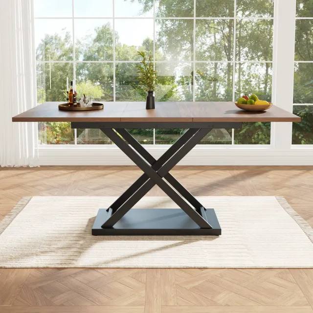 MODFU Uitschuifbare Eettafel - Kruispoten - Modern - Voor Keuken En Woonkamer - MDF En Metaal - Walnootkleur En Zwart - 120-160 X 80 X 75 Cm Walnoot + zwart