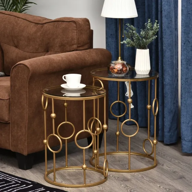 Wishdor Set Van 2 Bijzettafels - Nestbaar En Ruimtebesparend - Modern Ontwerp - Voor Woonkamer Of Slaapkamer - Metaal Met Gehard Glas - Goud - Grote Tafel Ø41 X 57 Cm, Kleine Tafel Ø36 X 51 Cm